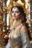 Placeholder: Stand pose gorgeous photography art,cinematic realistic colors,soft blur lens focus dslr,natural beauty, of young woman, smiling, beautiful, shiny grey eyes, make up,Queen Persian style, shiny baubles, ornate, large gemstones, shiny molten metalics, shiny ornaments flowers pattern golden,full jewelrys diamonds bright shining,brown hair, high definition,in luxury castle background