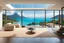 Placeholder: a minimalist interior of a house located on the heights of Tahiti. With a view over the lagoon through large windows. There is a crusing ship in the back ground.