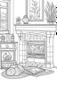 Placeholder: Cozy fireplace scene with stockings hung, clean line art, well outlined, white background, for kids coloring book.