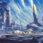 Placeholder: Spaceport on a heavy industrialized planet with a vibrant city in the background and a starting spaceship in the foreground, art by John Berkey, buildings with glass facades, insanely detailed, vibrant, 8k uhd, cinematic atmosphere, ultra-wide angle, street level view, brush strokes, blue sky with clouds, sharp focus