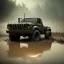 Placeholder: hyperrealistic shot, muddy military toy truck, monotone color palette, sharp focus, puddle reflection, tire water splash, refraction, mist on the horizon, shadowcast, detailed and intricate, cinematic composition, micro, tilt shift photography