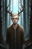 Placeholder: A mysterious portrait of a teen boy a with elegant antlers standing amongst a tall trees in a dark forest, pale skin, long silver hair, lean and athletic, simple clothing, dark background, glowing light above, delicate line work, intricate details,
