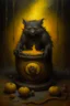 Placeholder: Living cauldron with yellow sigil, slightly demonic beaver bat in it, prize winning oil painting