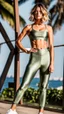 Placeholder: satin yoga leggins, satin yoga top, medium length wavy bob haircut, total body, sneakers, raw