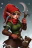 Placeholder: Female Christmas elf with an eye patch wielding a hammer and sickle