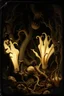 Placeholder: A daguerreotype-style close-up image of a surreal background inspired by Hieronymus Bosch and Max Ernst, featuring twisted organic forms, decaying botanical elements, and strange vegetal growths that seem to pulse with unnatural life. The entire scene is bathed in soft, ambient lighting that creates an otherworldly atmosphere, with areas of deep shadow contrasting against the pale, spectral glow of the figures.