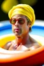 Placeholder: brad pitt sitting in donut swim ring with swimming-goggles and a bathing cap on