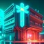 Placeholder: cyberpunk retro futuristic hospital with cross sign for comics