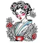 Placeholder: Tatto design Neotraditional style , Geisha with a Cherry Blossom Kimono, white background, tatto style, front view, black ink