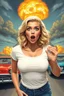 Placeholder: an young woman leaning forward(cropped from between nose and hips, white top with wide neck opening, cleavage, hands at side of face, with surprised shocked expression, home alone scream, blonde wavy hair), nuclear explosion and 1950s Cars in background, greaser, digital painted illustration