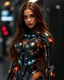 Placeholder: Beautiful woman super model brown long hair science fiction style humanoid half with full body cyborg mechanicals and cybernetics lights,on standing sweet pose