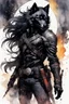 Placeholder: ink wash and watercolor full body concept illustration of an anthropomorphic, fanciful Black Wolf, mercenary soldier girl character with wildly flowing hair, ornately dressed with highly detailed feathers and facial features in the comic book style of Bill Sienkiewicz and Jean Giraud Moebius, with a fine art aesthetic, highly detailed , boldly inked, 4k UHD cinegraphic quality