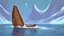 Placeholder: fantasy cartoon illustration: one new wooden boat in the blue see