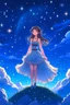Placeholder: An anime girl who wears a beautiful dress which has sparkles on it and is standing on the clouds at night as there are stars and the full moon.