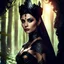 Placeholder: Morena Baccarin as a beautiful sexy dark elf queen seated elegantly on a throne in a mystical forest, dark celtic vignette frame, photo-realistic, cinematic lighting, award-winning photography