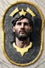 Placeholder: Ultra Realistic image, Roman sculpture, white marble material, Lionel Messi, gold Laurel leaves wreath, renaissance ornaments, radial gold lines, one gold star in heart, radial wave lines ornament, geometric ornaments, blue marble background, chisel style, waist up portrait, emperor style, epic, celestial, cinematic lighting, God light, god rays, 4k resolution, smooth details, ornate details, soft lighting, unreal engine 5, art station, substance 3d.