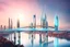 Placeholder: Dreamlike Skyline of Downtown futuristic hightech city in 4050 and a stunning futuristic Bridge During Sunlight with silver and darr grey clouds in sky, over the azur-silver color river, cold colors, high detalied, sci-fi, landscape