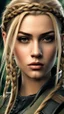 Placeholder: photorealistic hyperdetailed portait of an 18-year-old female as mercenary with long blonde and undercut hair with braids, tribal tattoos wearing modern mercenary uniform dark fantasy forest backdrop