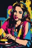 Placeholder: Pop art painting super model pretty girl with headphones playing music on a turntable, dj rave party disco club