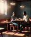 Placeholder: Realistic scene, man and woman sitting in cafeteria and having breakfast levitating, 0 gravity, Wes Anderson, soft color, highly detailed, unreal engine 5, ray tracing, RTX, lumen lighting, ultra detail, volumetric lighting, 3d, finely drawn, high definition, high resolution.