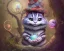 Placeholder: cheshire cat in a tree, leaning on a branch, wide grin, glowing eyes, blue and grey, talking to alice, alice in wonderland, signpost pointing in different directions, orbs of light, tea pot, teacup, film still