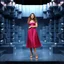 Placeholder: make a picture pretty stage made of metallic blue-gray teme 3d recursive cubic and sphere and cylinder base structures and a beautiful fashion model lady standing with cute in scene with sexy top and pretty pleated midi skirt ,makeup curvy long hair,dynamic camera zoom to full body and pan, dynamic lights.