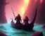 Placeholder: sango fantasy, fantasy magic, intricate, sharp focus, illustration, highly detailed, digital painting, concept art, matte, Greek mythology Charon ferryman in boat on river styx, sharp jagged rocks, red purple blue colours, red hot lava river