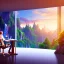 Placeholder: desk, parquet, sheet of paper, little pen, person seat on chair in white shirt in front of a huge picture window with large view on a waterfall with warm light, sunset ,pixar style, panorama, nature, globe, HD, Hallelujah mountains