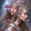 Placeholder: fantasy magic, intricate, sharp focus, illustration, highly detailed, digital painting, concept art, artgerm and paul lewin and kehinde wiley, masterpiece sexy lips with a smile Celtic lady body flowers head silver bright rain lady outer space pretty, pink blue