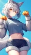 Placeholder: 2Girl, wolf muzzle, gray hair, gray wolf ears, wolf tail, open navel, short blue shirt,animal tail, animal paws, wolf paws hand, orange eyes,boo in hand