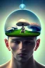 Placeholder: real human with mushroom head, meditating, universe, symmetry,