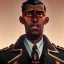 Placeholder: A colored image shoulder to head portrait of a 1930s thin black man in a ruined and torn military uniform. He has extremely long hair, a shaggy unshaven beard, and one eye missing. He has scars all over him. He has a huge frown and is staring at the screen