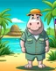 Placeholder: hippo as tourist guide wearing tourist guide uniform, safari landscapebackground, colorful, high quality, high details, realistic