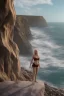 Placeholder: blonde woman standing at the edge of a cliff waves crashing against the rocks below