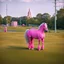 Placeholder: a big man sits on a pink horse