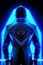 Placeholder: cyberpunk, neon blue, triangle of light floating behind the back, cyber suit, geometric patterns on a suit, male