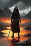 Placeholder: A formidable warrior-a 10-year-old boy in a black robe with a hood, on the background Amazing gloomy landscape, flooded with sunset, mountains, trees, fabulous scary hero, , juicy emotions, painting, dark fantasy, bad weather, gloomy day, dark world, by Raymond Swanland & Anna Razumovskaya & James Paick & Alyssa Monks