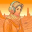 Placeholder: Moebius style scifi girl with headphones solid colors with a desert and dusty station in the background