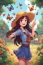 Placeholder: A girl with long dark brown hair, with a straw hat on her head, blue eyes, dressed in farm clothes dancing with butterflies, stardew, valley style