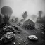 Placeholder: A striking quality Kodak photograph captures a wasteland with monsters and group of plants, creepy, details of the dust very accentuated, glossy organic mass, adorned with minerals and rocks. Bathed in intense light, eerie, Max Ernst style, black sun, fog