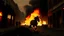 Placeholder: a horse on fire, running down a victorian street, war scene, Apocalyptic, photo-realistic, widescreen, cinematic, corpses are slumped over burning rubble either side of the road