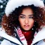 Placeholder: Crying girl, sad, expressive, emotive, frowning, furrowed eyebrows, pouting lips, African American, kinky curly hair, looking out window, blizzard, snow, red sweater, delta sigma theta, drinking coffee,hazel eyes