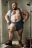 Placeholder: full figure photo, burly big chubby russian plumber, dirty, ripped overalls, 33 years old, crossed arms, shaved, short beard, manly chest, virile, arms, ugly, big thighs, under the flushing shower, sunlight , photorealistic, 35mm lens, ultra detailed