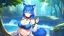 Placeholder: Girl look like wolf, wolf paws on hand , animal paws, wolf ears, wolf tail,blue hair, open navel,(2: big breasts), forest, river, collar on neck,sit.