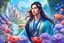 Placeholder: homme galactique asiatique cheveux longs majestueux,, souriant, , grands yeux lumineux, vêtements brillants, bleu, turquoise, cristaux, maquillage doré, corps entier dans une paysage magique lumineux avec des ailes transparentes bleutées, arcades de glycine rose et mauve, chateau de cristal, cascades, champ de coquelicots et marguerites, bleuets, pivoines