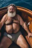 Placeholder: close aerial photography of a burly chubby turkish fisherman happy sunbathing lying down on the large bow of a huge fischer wooden boat in open sea, manly armpits, manly chest, hairy chest, ugly, 56 years old, curly beard, bullneck, short bulging ripped pants, muscular, emotive eyes, photorealistic, 35mm lens, Canon EOS, 8k , view from the ground