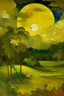 Placeholder: Full moon in the clouds in a dark gold rainforest near a field painted by Paul Gauguin