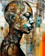 Placeholder: an extreme abstract acrylic and ink and battered paper photo collage poster of a heavily stylized factory worker, an unexpected arafed improbability with a checkered juxtaposition, liminal space, tribal patterns, memories of negative space, amazing reflections, amazing curves, amazing transparency, split vibe, double exposure influence, heavy zigzag vibe, semi-side view, afrofuturism