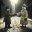 Placeholder: sinister weirdcore, Snowman vs Scarecrow, Snowman shaking hands with a scarecrow in middle of city street in the summer, by leszek Bujnowski and Alex Majoli, mind-bending hyperrealism, weirdcore, something strange about to happen, sunny day natural lighting