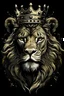 Placeholder: Illustrate a front-facing view of a regal lion with a crown, using pronounced chiaroscuro shading to emphasize its royal status. The lion's face should be exquisitely detailed, showcasing a dramatic contrast between the deep shadows and bright highlights, rendered with bold and delicate lines. Adopt a high-contrast, modern graffiti aesthetic, with a spray-painted, splatter-textured style, omitting any text or extraneous lines. Center this artwork on a pure white background